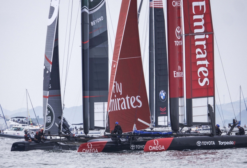 Emirates Team New Zealand sailing on the second race day at the Louis Vuitton America's Cup World Series Fukuoka, Japan