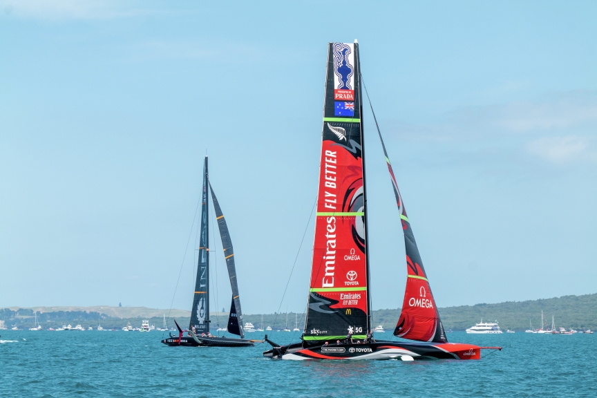 Emirates Team New Zealand sail their AC75 ‘Te Rehutai’ vs INEOS Team UK in the PRADA Christmas Race on the Waitemata Harbour in Auckland, New Zealand