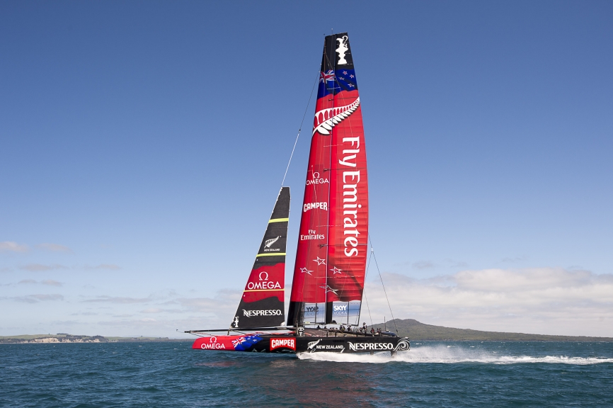 Emirates Team New Zealand testing the  AC72 on the Hauraki Gulf