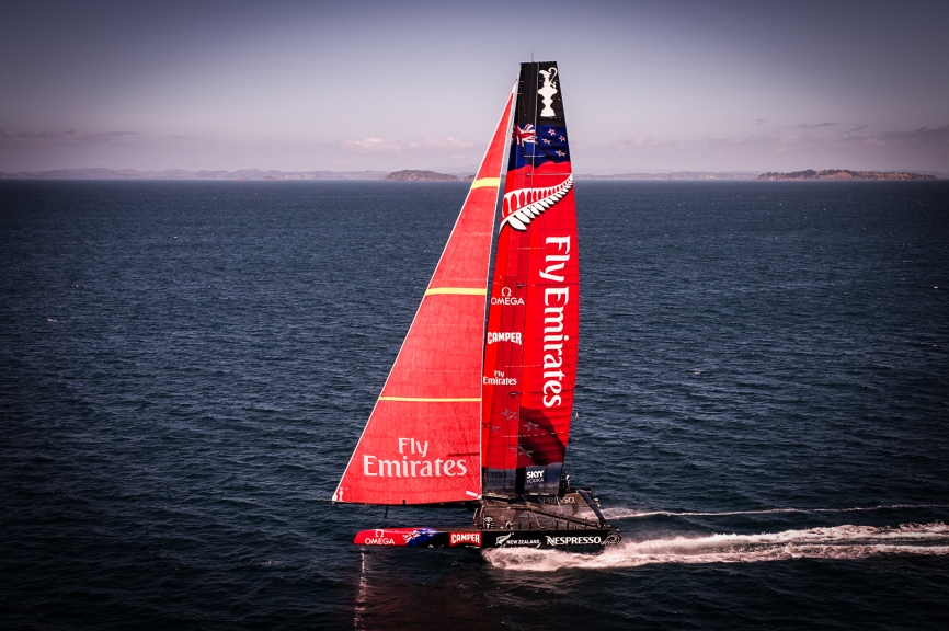 Emirates Team New Zealand testing the  AC72 on the Hauraki Gulf