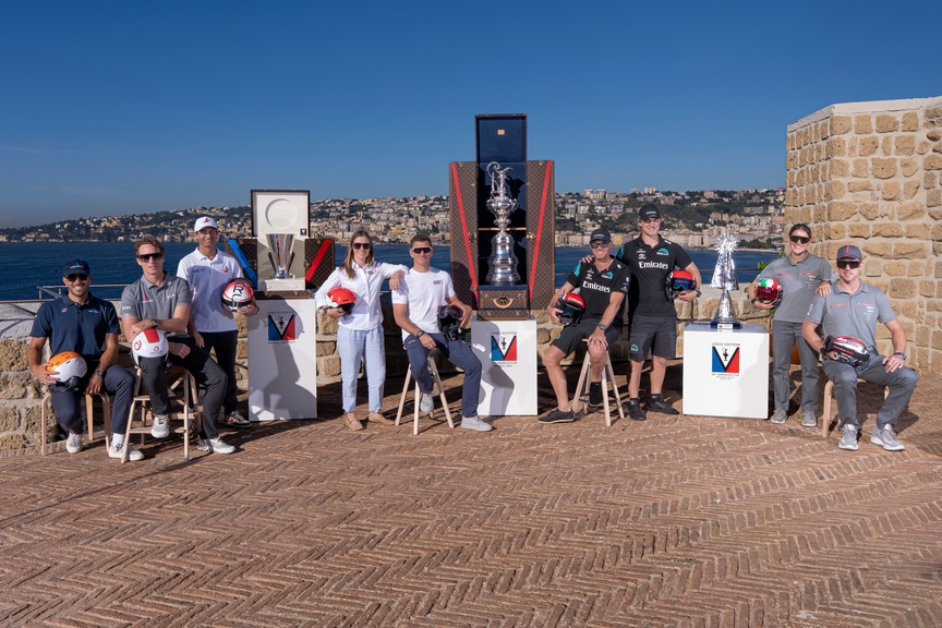 24 September 2026. Louis Vuitton 38th America's Cup - Preliminary Regatta Naples  - Skippers group photo - LA ROCHE-POSAY RACING TEAM, Quentin Delapierre, FRA, Helm, TUDOR TEAM ALINGHI, Paul Goodison, GBR, Skipper and Helmsman, ARC USA, Lucas Calabrese, ARG, COBHAM-ULTRA GB2, Hannah Mills, GB1, Dylan Fletcher, EMIRATES TEAM NEW ZEALAND, Nathan Outteridge, AUS, EMIRATES TEAM NEW ZEALAND W&Y, Jake Pye, NZL, LUNA ROSSA TEAM 2, Margherita Porro, ITA, LUNA ROSSA TEAM 1, Peter Burling, Helm.